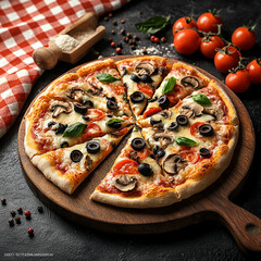 Photo of a Freshly Baked Vegetable Pizza with Sliced Bell Peppers, Black Olives, and Melted Cheese on a Wooden Pizza Board