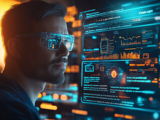 Man Staring at an AI Screen in a High-Tech Environment