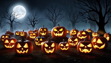 Spooky Halloween Background with Pumpkins, Ghosts, and Full Moon - Perfect for Halloween Party Invitations and Decorations