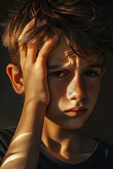 Thoughtful young boy with a hand on his forehead in pensive mood.