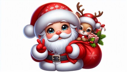 Cute Cartoon Santa Claus with Reindeer and Presents