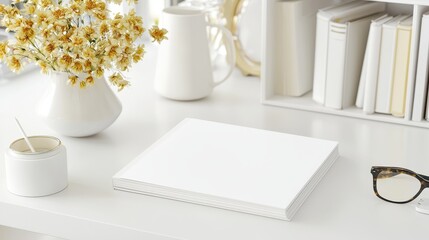 Blank Book Mockup on White Desk with Yellow Flowers