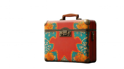 Vintage Floral Suitcase with Antique Red and Blue Pattern and Lock Mechanism.