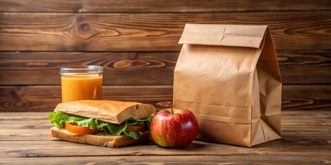 A brown paper bag with handles adorned with a rustic brown hue is filled with a sandwich, an