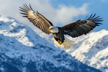 Obraz premium Majestic bald eagle soaring over mountain range, dramatic landscape