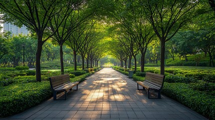 Fototapeta premium Peaceful park path lined with benches and trees under bright natural sunlight