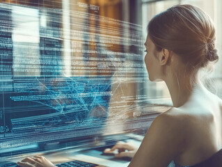 woman looking at a futuristic AI hologram displaying complex algorithms and data analysis, set in a high-tech environment.