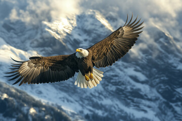 Majestic bald eagle soaring over mountain range, dramatic landscape