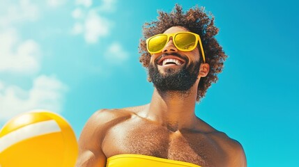 Happy Man in Yellow Sunglasses and Swimwear on a Sunny Beach