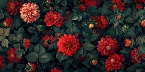 An elegant floral pattern with red roses and green foliage