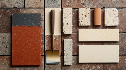 The business card design showcases a trowel and brickwork graphic elegantly arranged against a brick-patterned background