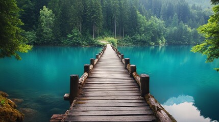 Obraz premium Stretching with grace, a wooden bridge spans across the calm and tranquil surface of a turquoise lake 