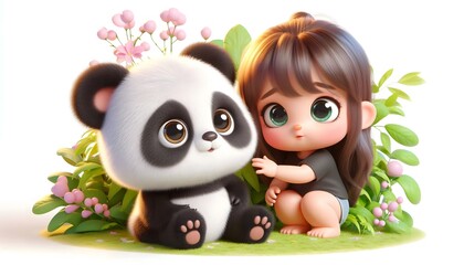 Obraz premium A cute baby girl with a baby panda in the forest, A baby girl sitting with a baby panda story, fantasy and fairytale jungle adventure, Baby Panda Rescue, Magical Forest Adventure Story. 3D HD images.