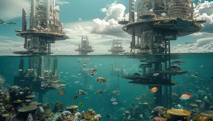 Obraz premium An intricate cityscape with tall structures rising from the water