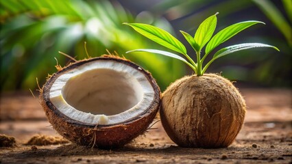 A delicate coconut shell cradles a tiny palm tree, its fronds unfurling from a narrow crevice, as if