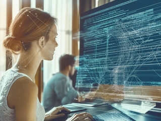 woman looking at a futuristic AI hologram displaying complex algorithms and data analysis, set in a high-tech environment.