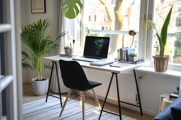 Minimalist home office with clean desk sleek laptop and comfortable chair. 🖥️✨ Understated decor with a few elegant touches creates a productive and stylish workspace!