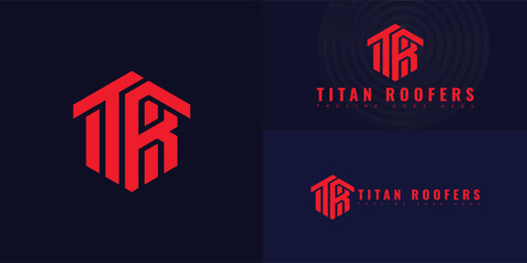 Modern vector initial letter TR or RT logo in red color isolated on multiple background colors. The logo is suitable for commercial roof technology logo design inspiration templates.
