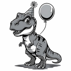 A baby T-Rex wearing a party hat and holding a balloon, Cartoon illustration