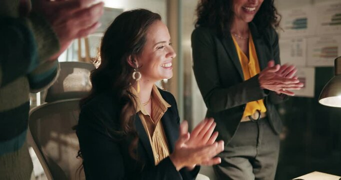 Applause, computer and laughing with team of business people at desk in office for success. Meeting, funny or support with smile of man and woman employee group clapping at work together at night