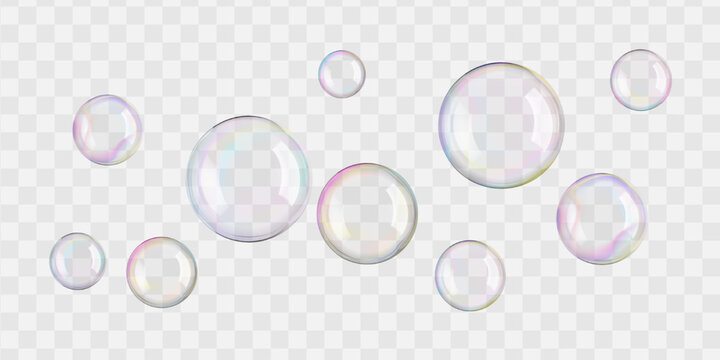 Soap 3d bubble vector set of sphere and circle. Glass foam float isolated. Rainbow gradient ball flare, liquid drop air blown. Reflect white lights. Realistic shampoo, purified clean and clear water