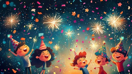Joyful children celebrating with confetti and fireworks at a festive party, all wearing fun party hats and bright smiles.
