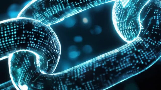 Motion of A digital block chain with encrypted data glowing in dark space, futuristic, high contrast, neon purples and blues, 3D render.