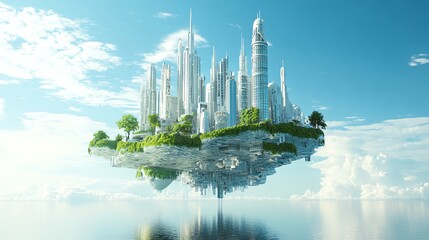 Fototapeta premium A futuristic city floats above a body of water and clouds.