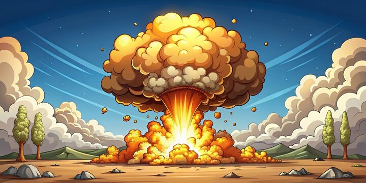 A gargantuan bomb bursts, showering the surrounding area with deadly fragments, as structures implode and dust devils