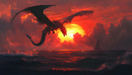Fototapeta premium Majestic dragon soaring through a vibrant sunset sky over an ocean, creating a dramatic fantasy scene.