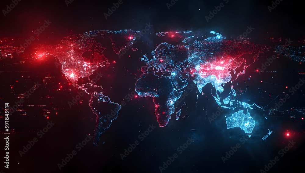 Poster vibrant digital world map with illuminated connections in red and blue, showcasing global networking