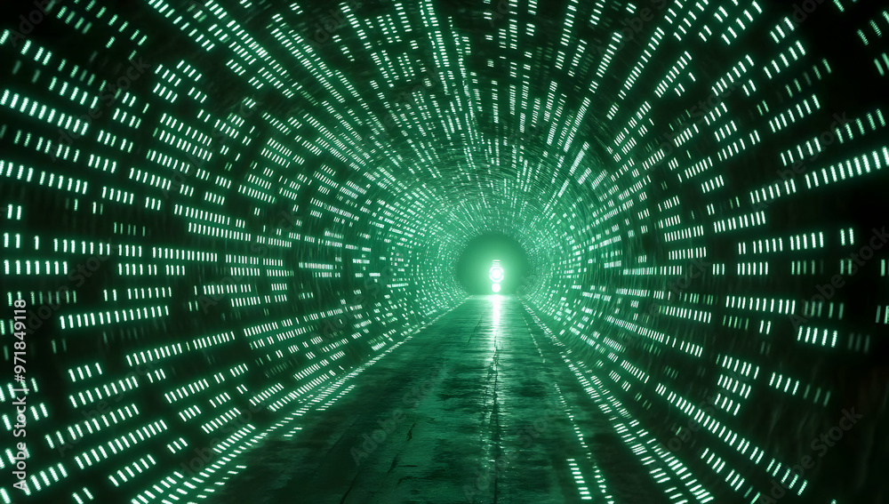 Poster a futuristic green digital tunnel with glowing patterns, creating a mesmerizing journey into the unk