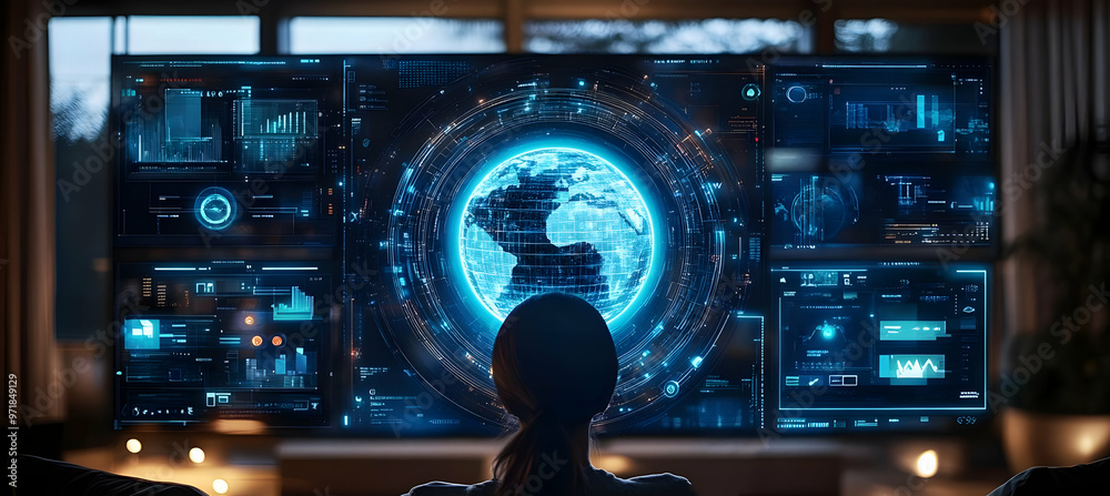 Poster futuristic workspace with digital globe on a large screen, showcasing advanced technology and data v