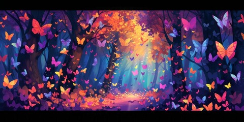 A whimsical forest where colorful butterflies replace tree leaves creates a surreal, vibrant image. Dynamic lines and vivid hues bring a magical, lively woodland to life. 🦋🌲🎨