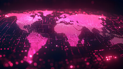 Obraz premium A vibrant digital world map in pink hues, showcasing intricate data connections and a futuristic design.