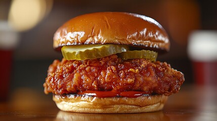 Closeup of a spicy fried chicken sandwich with pickles, Fast food, modern twist