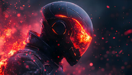 Naklejka premium A futuristic warrior in a glowing helmet, surrounded by a fiery aura, embodying power and intensity in a sci-fi environment.