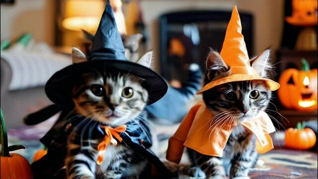 ハロウィンパーティーに参加のため仮装している猫たち
