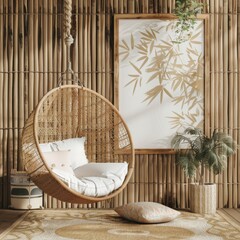 A cozy rattan hanging chair with a white cushion and throw pillows, set against a backdrop of bamboo walls and a framed print featuring botanical illustrations.