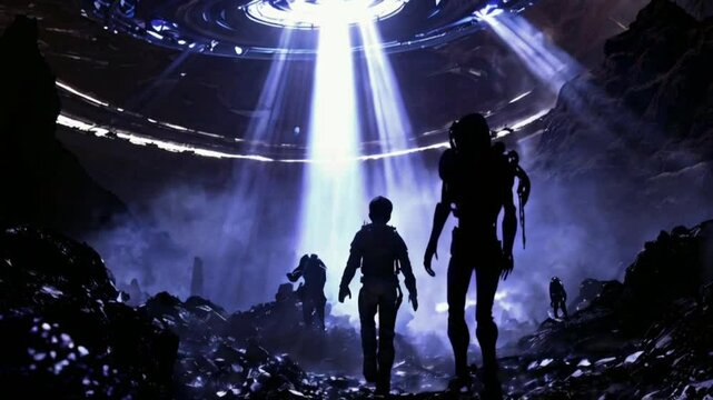 Al&iacute;en abduction, "Vertical image of an alien abduction with high contrast and chromatic value. The scene takes place in a cinematic apocalyptic background in the third plane, with almost black tones