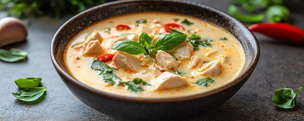 A bowl of Thaistyle chicken coconut soup with galangal, Thai chicken coconut soup, creamy Thai soup