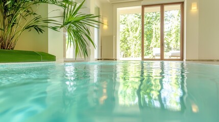 Fototapeta premium Indoor Swimming Pool with Large Window and Green Plants