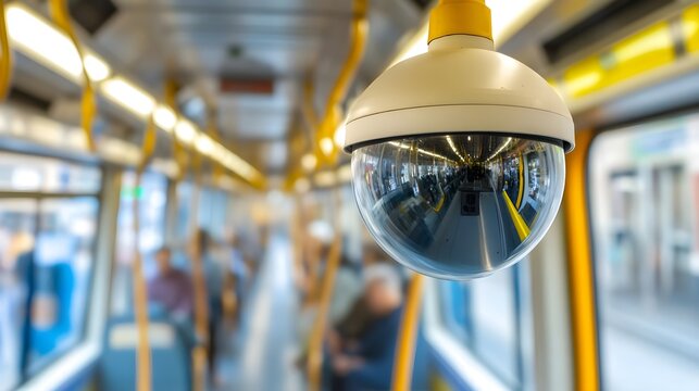 A close-up of a security camera inside a public transport vehicle, highlighting surveillance technology and passenger safety.