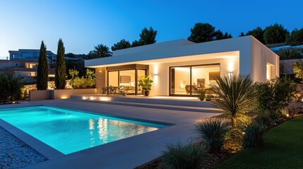 Modern Villa with Swimming Pool at Night