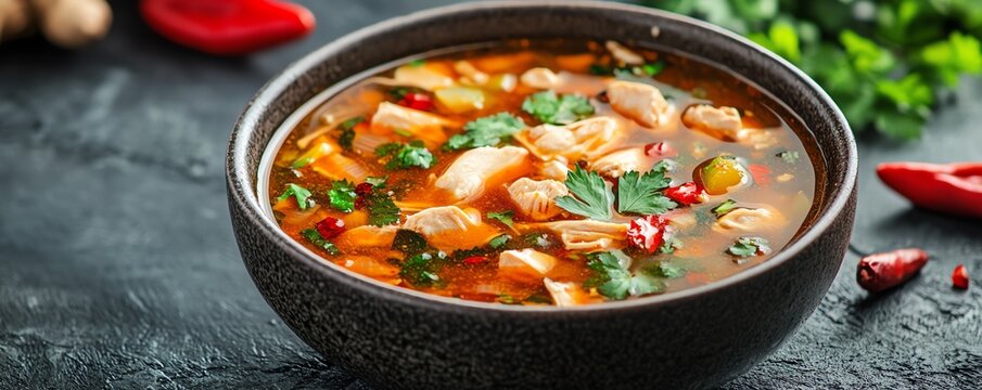 Bowl of hot and sour Thai chicken soup with galangal, Thai chicken soup, spicy Thai dish