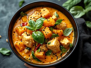 Bowl of Thaistyle pumpkin curry with chicken, Thai pumpkin curry, seasonal dish