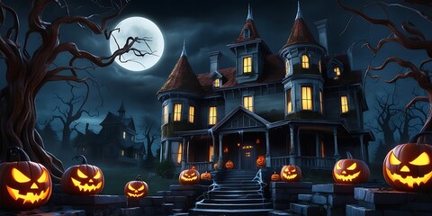 Spooky Halloween Background with Pumpkins, Ghosts, and Full Moon - Perfect for Halloween Party Invitations and Decorations