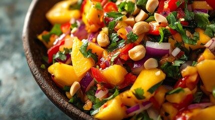 Closeup of a Thai mango salad with fresh herbs and peanuts, Thai mango salad, tropical Thai dish