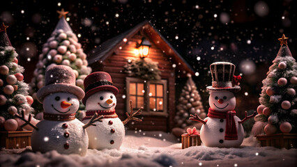Magical Christmas image with adorable snowmen and a warm, inviting home.