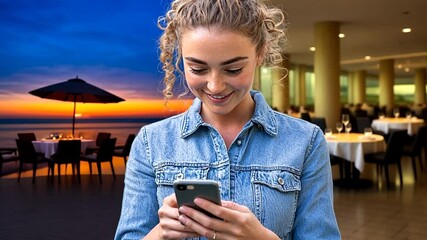 Woman Looking at Potential Vacation Destinations on Phone Generative AI